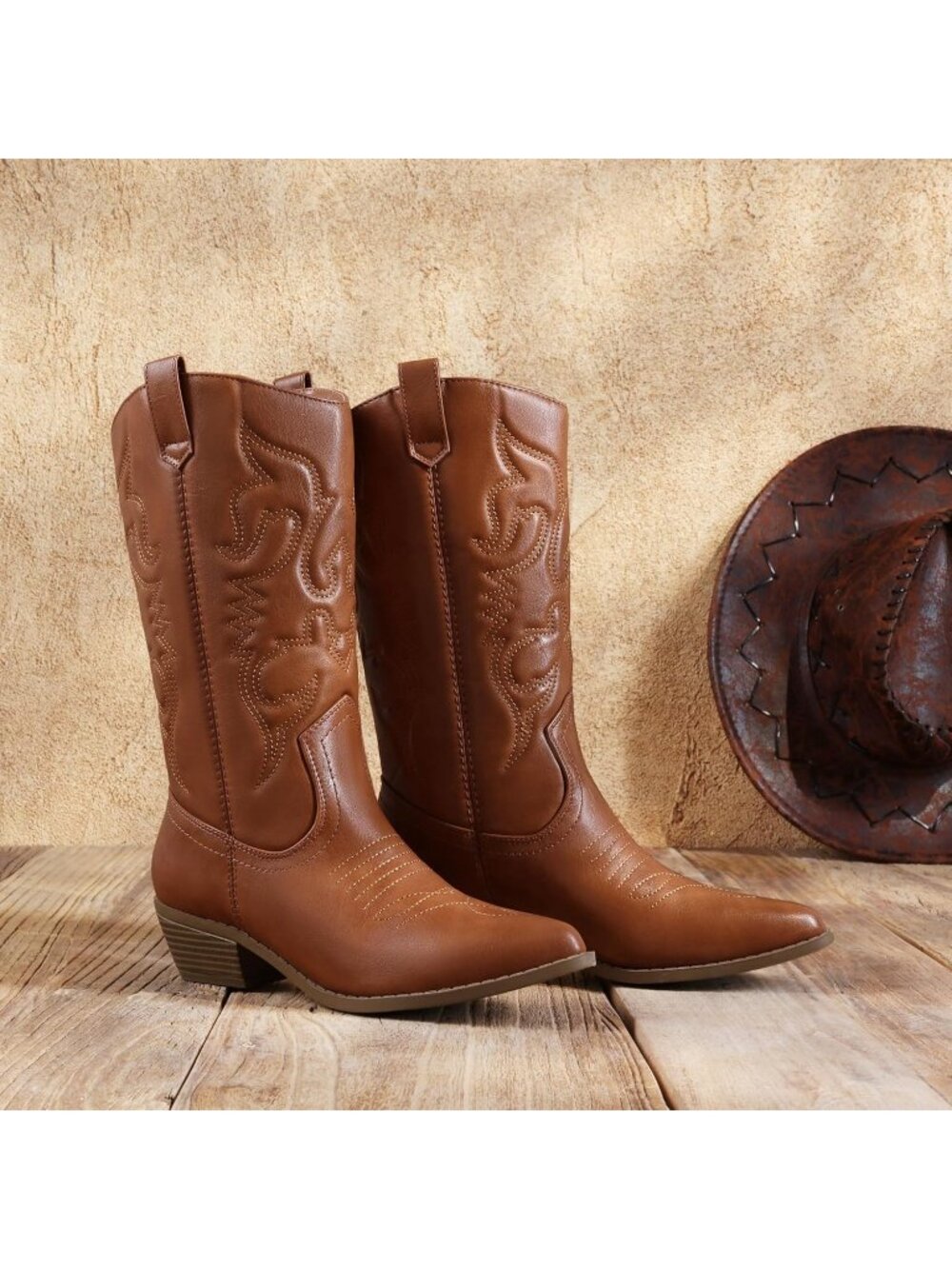 DREAM PAIRS Women's Tan Faux Leather Mid-Calf Classic Comfort Cowboy Boots - Picture 2 of 6